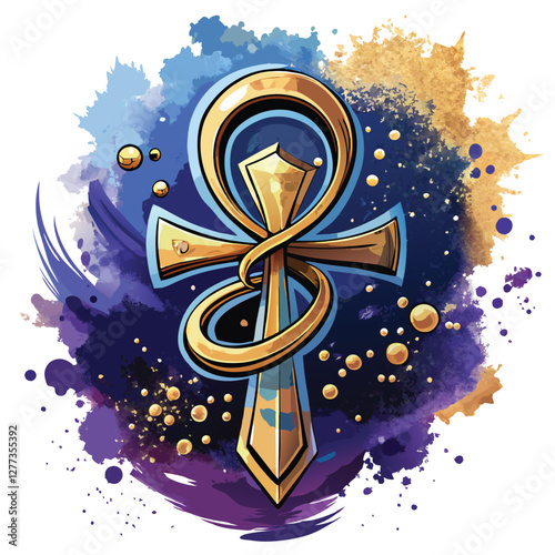 An Egyptian ankh, symbol of life, disintegrates into vibrant cosmic dust, swirling nebulae, and starlight, signifying the cyclical nature of existence and death.