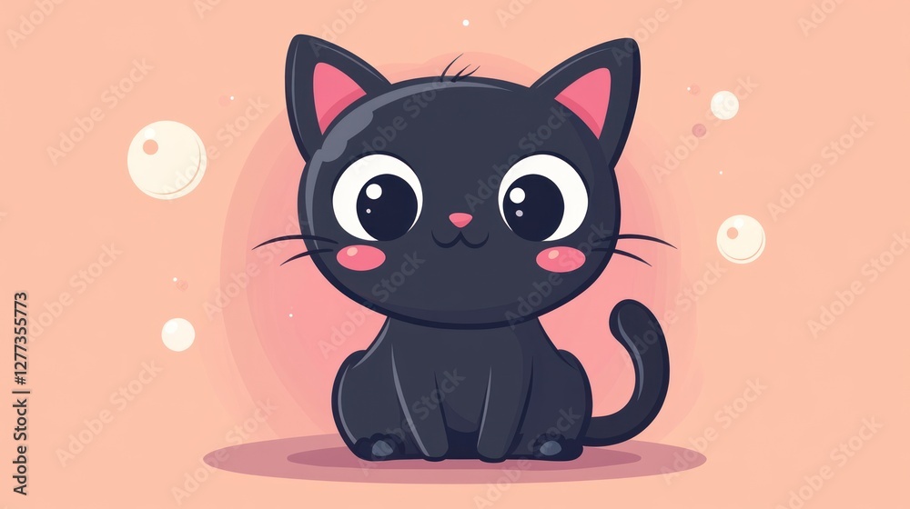 Cute black cartoon cat sitting, with big eyes and pink highlights. Cute black cartoon cat sitting, with big eyes and pink highlights.