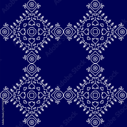 stitch Japanese Sashiko pattern embroidery abstract seamless geometric ornaments white stitch line artwork indigo blue background fashion design template decoration hand drawn printed needlework quilt