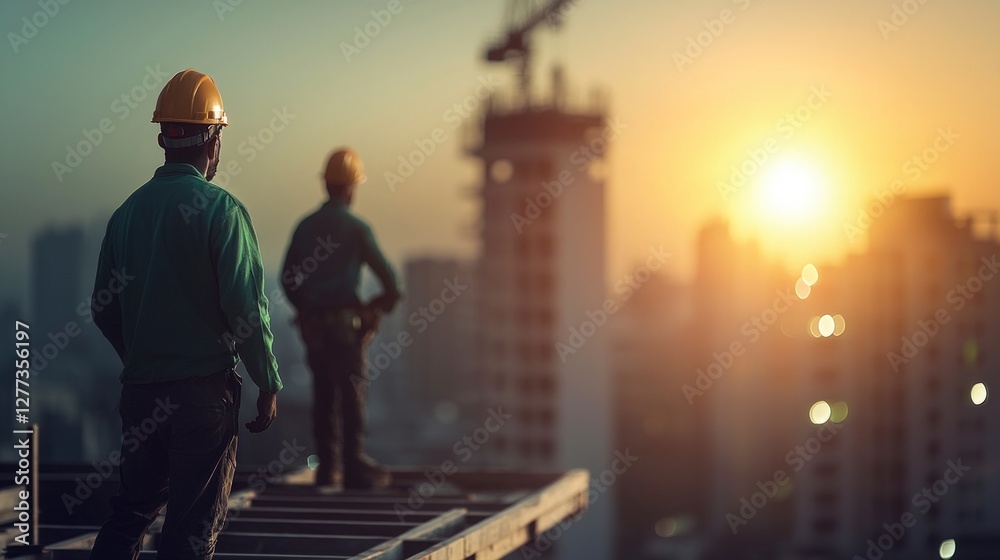 Construction Workers Sunset Cityscape  Teamwork  Building  Progress