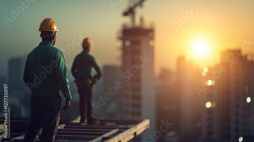 Wallpaper Mural Construction Workers Sunset Cityscape  Teamwork  Building  Progress Torontodigital.ca