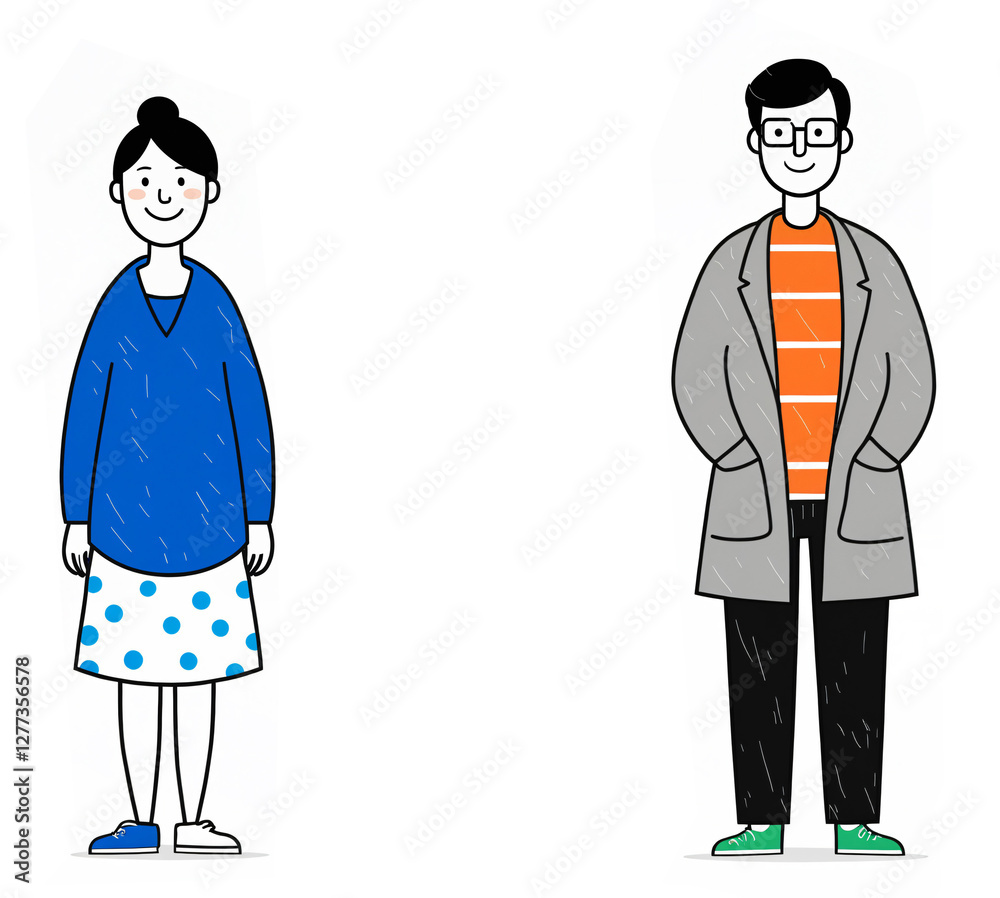 Asian or Arabic couple without children, standing apart with space between, independence, relationships, life decisions, cartoon illustration, isolated on white Asian or Arabic couple without children, standing apart with space between, independence, relationships, life decisions, cartoon illustration, isolated on white