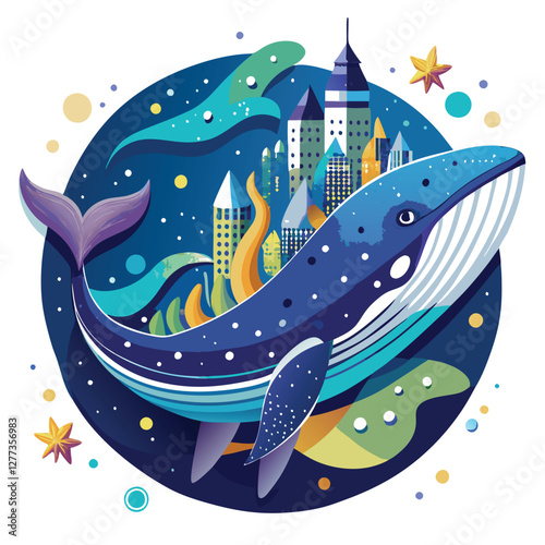 A colossal whale, bioluminescent, floats serenely in a nebula, a futuristic city sprawling across its back, stars twinkling in the distance.