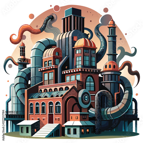 A decaying industrial factory metamorphoses into a colossal, monstrous smoking pipe, spewing dark smoke; post-apocalyptic, surreal.