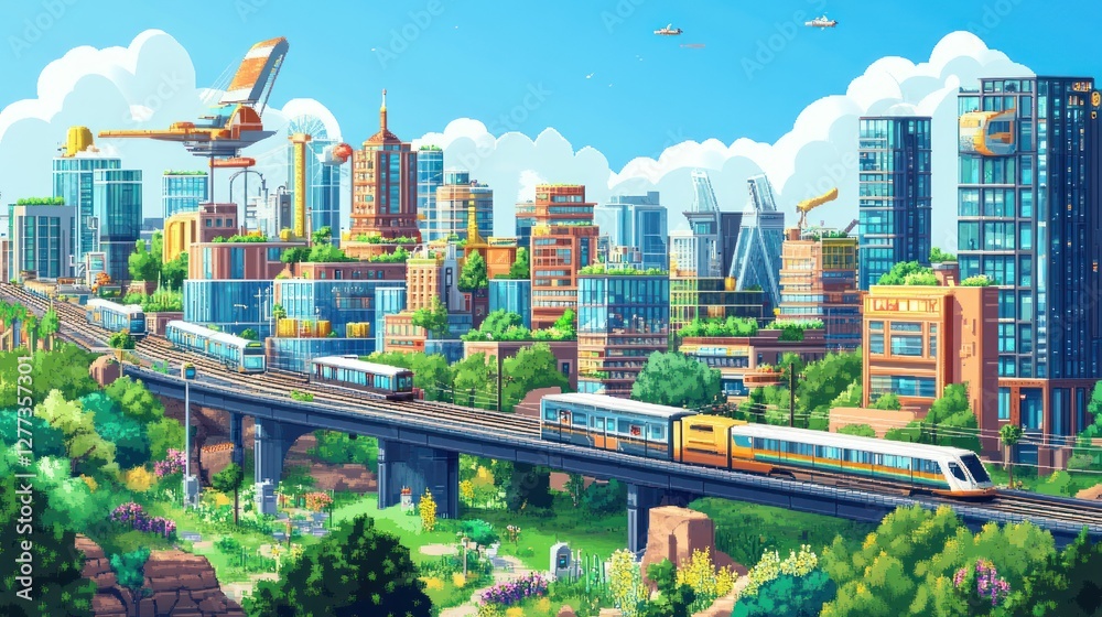 Fototapeta premium Futuristic Cityscape: A Vibrant Metropolis with Green Spaces and Modern Trains