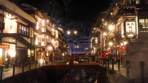 冬の銀山温泉・夜景・川の音（山形県・尾花沢市）