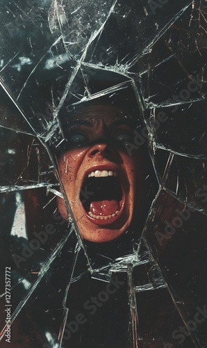 Screaming Face Behind Shattered Glass  Fear  Rage  Panic  Broken Window