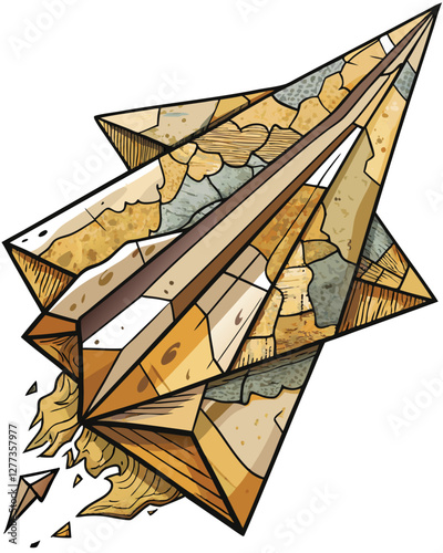 A vintage paper airplane, crafted from aged world maps, gracefully soars through a vibrant, sunlit, azure sky.  The focus is on the intricate map details.