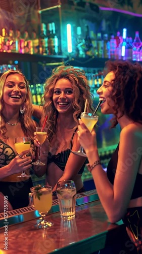 Night Out: Three cheerful young women enjoying cocktails at a vibrant bar.