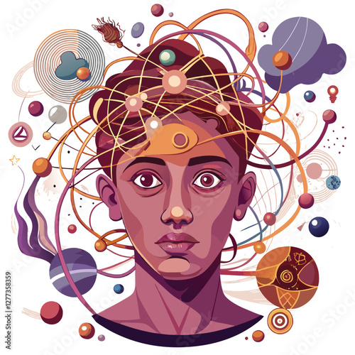 A surreal portrait of a person's face disintegrating into unraveling threads, symbolizing overwhelming thoughts and mental distress.