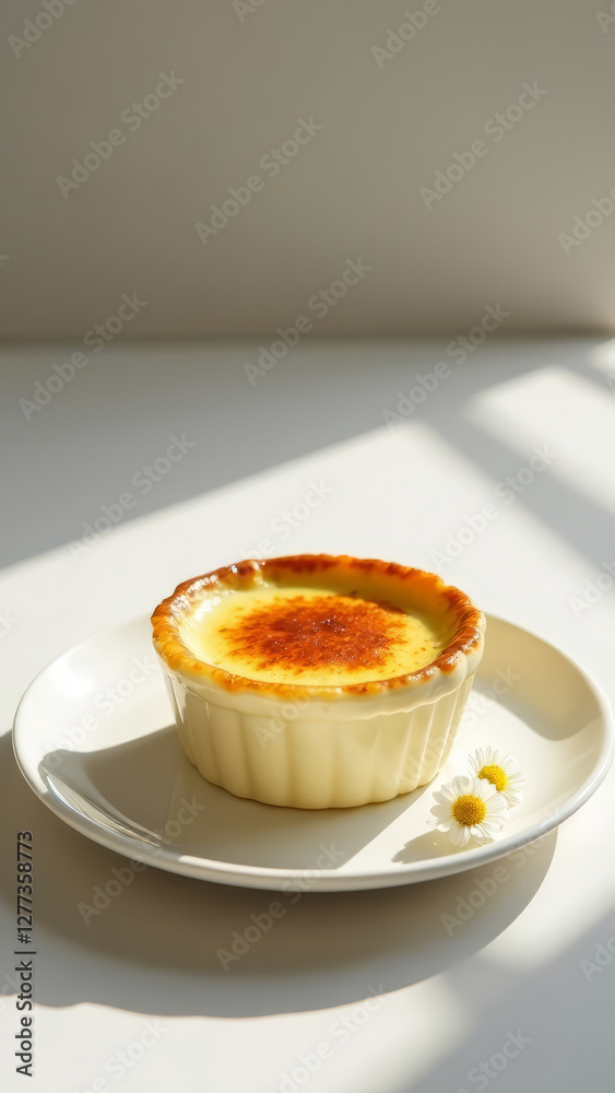 Minimalistic elegant serving of dessert creme brulee with caramel crust in a white bowl, vertical, menu, copy space Minimalistic elegant serving of dessert creme brulee with caramel crust in a white bowl, vertical, menu, copy space