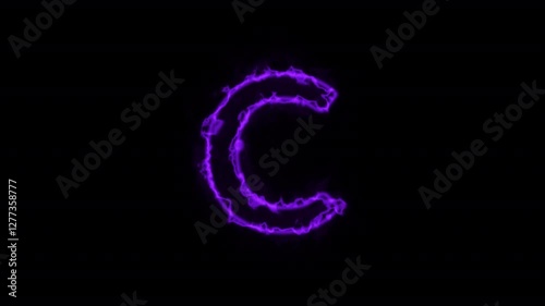 Animated neon letter C, trendy glowing loop neon alphabet letter C, Bright neon glowing light purple letter C, Seamless looping animation on black background.