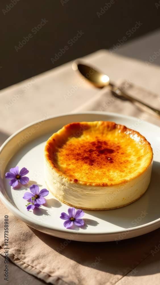 dessert creme brulee on a white plate, on a dark wooden background, modern serving of dessert, menu, copy space, vertical, purple flowers dessert creme brulee on a white plate, on a dark wooden background, modern serving of dessert, menu, copy space, vertical, purple flowers
