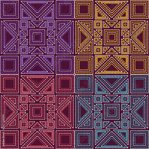  stitch embroidery fabric pattern needlework seamless geometric abstract culture decorative hand drawn tribal asian template printed colorful line artwork black background quilt wallpaper 