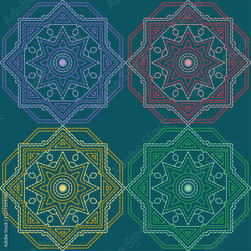 stitch embroidery fabric pattern needlework seamless geometric abstract culture decorative hand drawn tribal asian template printed colorful line artwork black background quilt wallpaper 