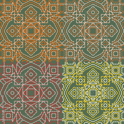 stitch embroidery fabric pattern needlework seamless geometric abstract culture decorative hand drawn tribal asian template printed colorful line artwork black background quilt wallpaper 
