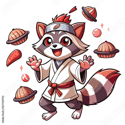 A mischievous raccoon, wearing a tiny chef's hat and apron, expertly tosses a piece of raw fish, creating a playful sushi-making scene.