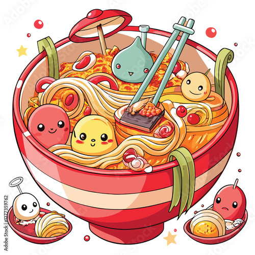 A steaming bowl of ramen, teeming with miniature fantastical creatures playfully interacting within the broth and noodles.