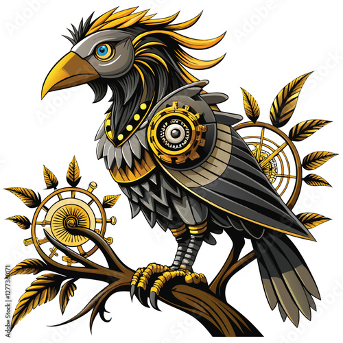 A steampunk-style robotic bird, intricately detailed clockwork feathers, metallic body, gears visible, perched on a branch.