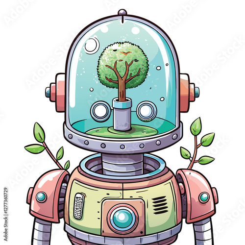 A retro-futuristic robot with a transparent glass dome head revealing a miniature, intricate clockwork mechanism inside.
