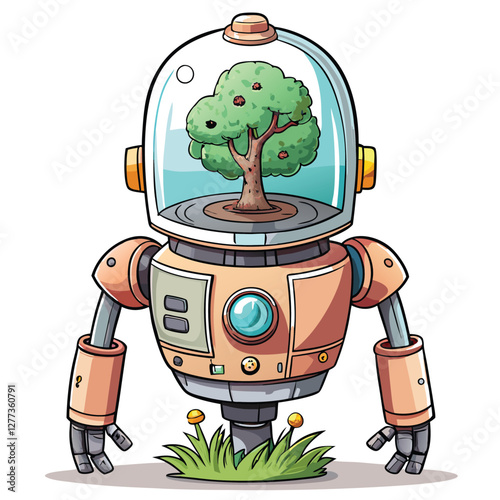 A retro-futuristic robot with a clear glass dome head revealing a miniature, intricate clockwork mechanism.  High detail, cinematic lighting.