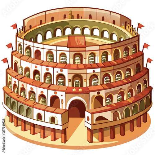 A whimsical illustration of a Roman Coliseum overflowing with miniature cartoon warriors engaged in battle.