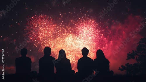 A group of friends silhouetted against a vibrant fireworks display, celebrating under a night sky filled with red, gold, and purple bursts of joy.