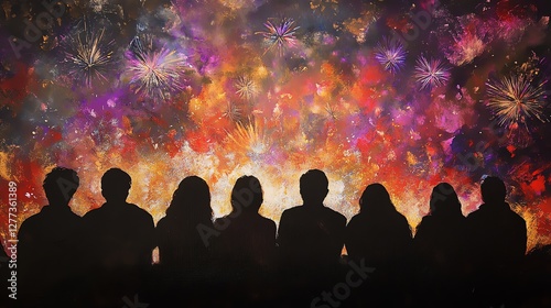A group of friends silhouetted against a vibrant fireworks display, celebrating under a night sky filled with red, gold, and purple bursts of joy.