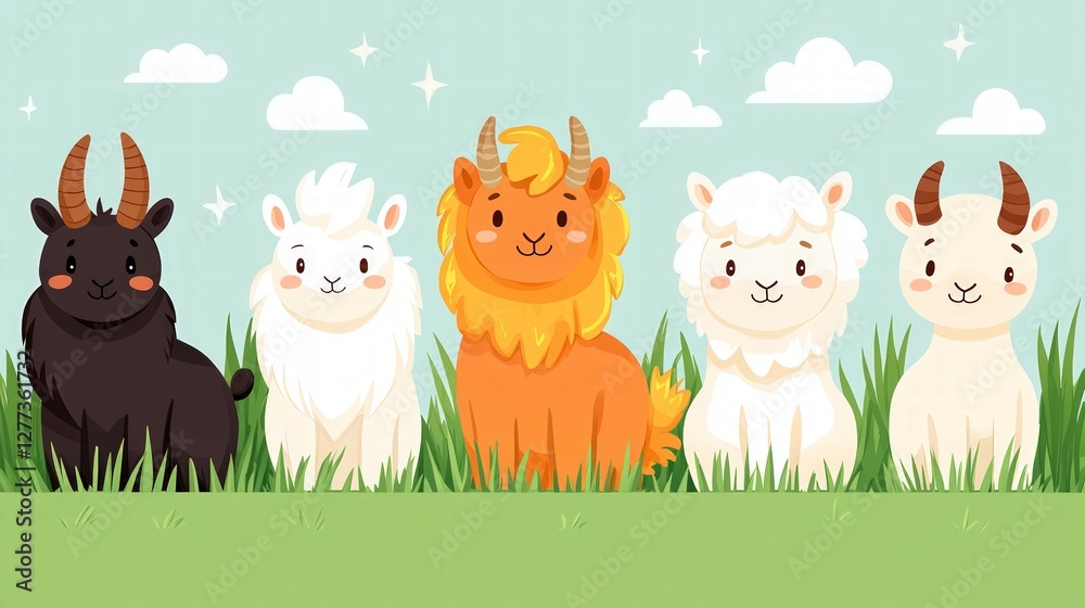 Naklejka premium Adorable Cartoon Farm Animals Sheep Goat Lambs in Grassy Field