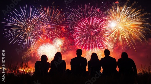 A group of friends silhouetted against a vibrant fireworks display, celebrating under a night sky filled with red, gold, and purple bursts of joy.