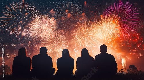 A group of friends silhouetted against a vibrant fireworks display, celebrating under a night sky filled with red, gold, and purple bursts of joy.