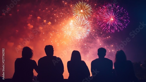 A group of friends silhouetted against a vibrant fireworks display, celebrating under a night sky filled with red, gold, and purple bursts of joy.