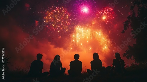A group of friends silhouetted against a vibrant fireworks display, celebrating under a night sky filled with red, gold, and purple bursts of joy.