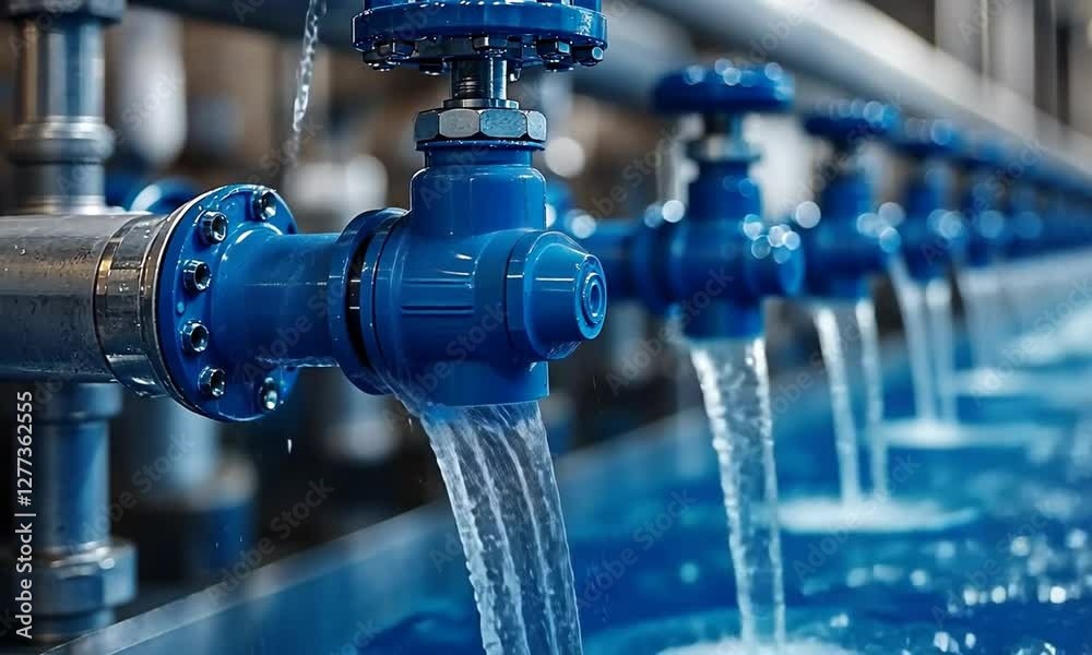 Industrial water flow system featuring blue valves and pipes with splashing water in a factory Industrial water flow system featuring blue valves and pipes with splashing water in a factory