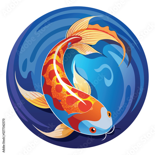 A lone Koi fish gracefully swims in a perfectly circular loop within a clear, still pond.  Luminous, vibrant scales.