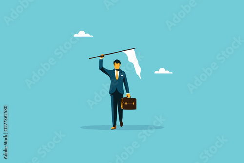 Defeated Ambitions, Stressed Businessman Waving a White Flag as a Metaphor for Surrendering in Work and Business