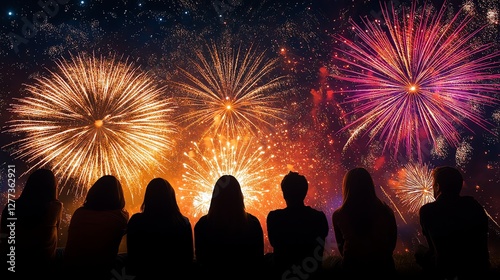 A group of friends silhouetted against a vibrant fireworks display, celebrating under a night sky filled with red, gold, and purple bursts of joy.