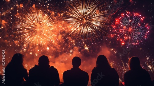 A group of friends silhouetted against a vibrant fireworks display, celebrating under a night sky filled with red, gold, and purple bursts of joy.