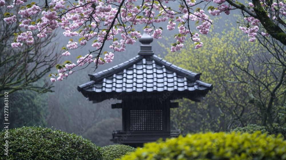 Serene Japanese Temple Cherry Blossoms Rain Tranquil Garden Serene Japanese Temple Cherry Blossoms Rain Tranquil Garden
