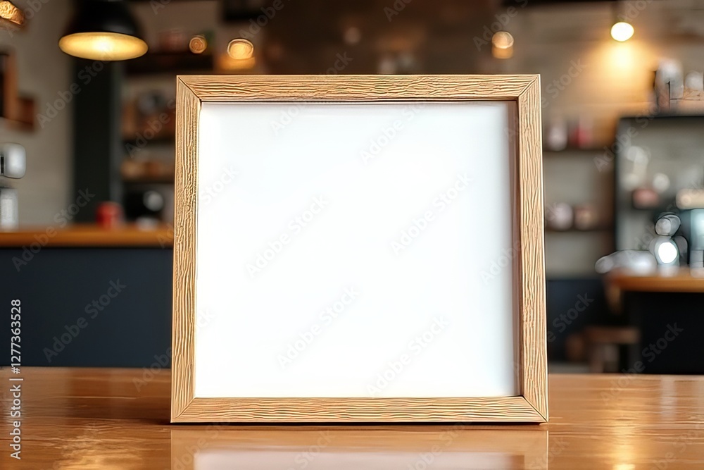 Empty Wooden Frame in Cafe Interior - Blank Display for Menu or Art Empty Wooden Frame in Cafe Interior - Blank Display for Menu or Art