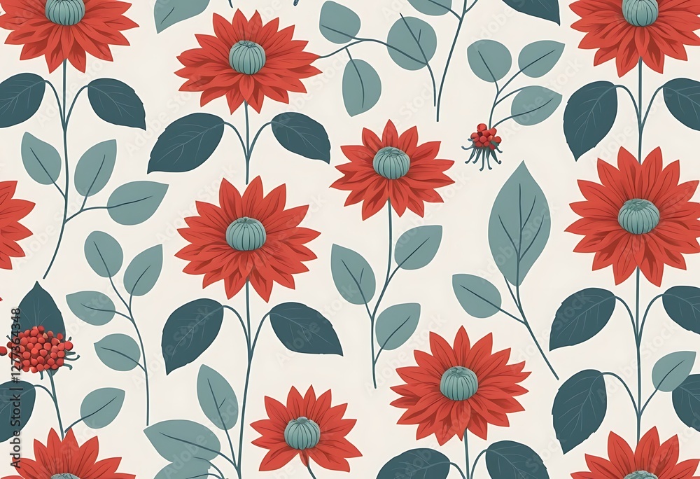 Vibrant botanical seamless pattern with red blooms and teal leaves Vibrant botanical seamless pattern with red blooms and teal leaves