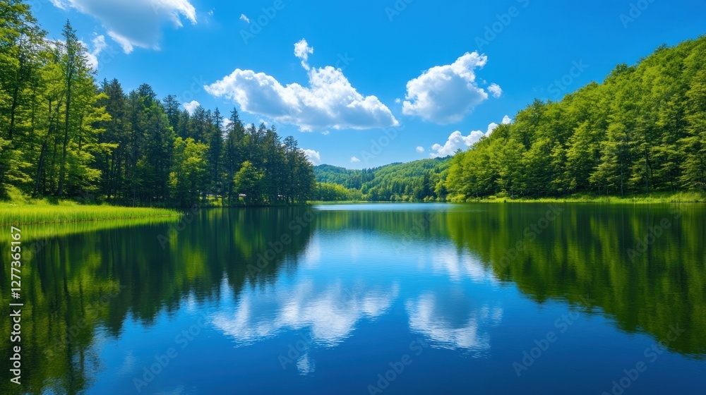Serene Lake Reflection in Lush Green Forest Serene Lake Reflection in Lush Green Forest