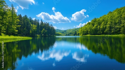 Serene Lake Reflection in Lush Green Forest