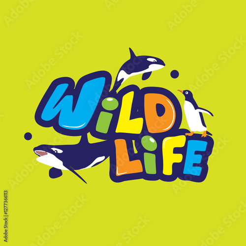 Colorful Wildlife with Orcas and Penguin