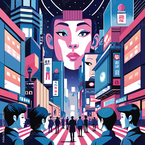Neon-lit Tokyo street at night; towering billboards create a futuristic, almost face-like cityscape.  Capture the vibrant energy and dense architecture.