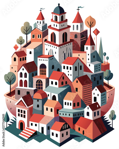 A whimsical town where each building uniquely represents a different children's playground; vibrant colors, fantastical designs, joyful atmosphere.