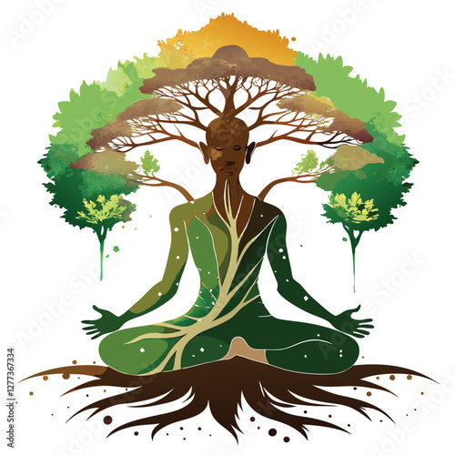 A majestic tree, viewed from afar, subtly resembles a human face, its branches forming eyes, nose, and mouth.  Create a captivating image.