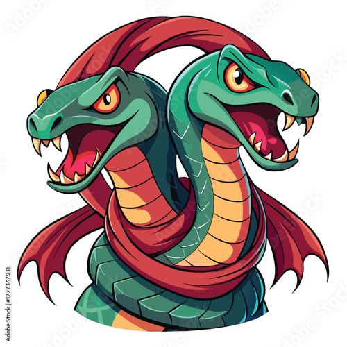 A surreal depiction of a two-headed snake, each head engaged in a heated argument, wearing tiny, mismatched clothing.