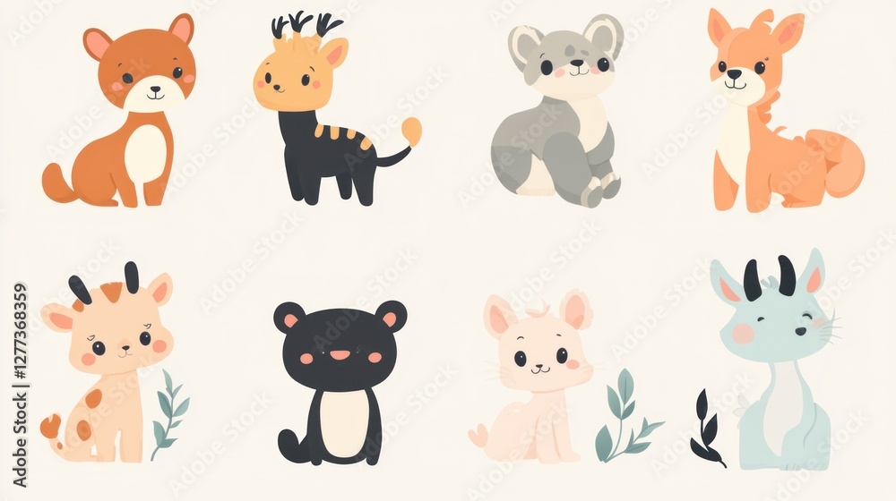 Cute cartoon animal characters collection, various species, sitting poses, pastel colors, flat design, whimsical style. Cute cartoon animal characters collection, various species, sitting poses, pastel colors, flat design, whimsical style.