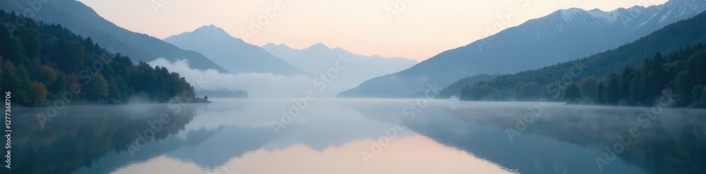 Misty morning over a lake with surrounding mountains and forest, serene, peaceful, mountains Misty morning over a lake with surrounding mountains and forest, serene, peaceful, mountains